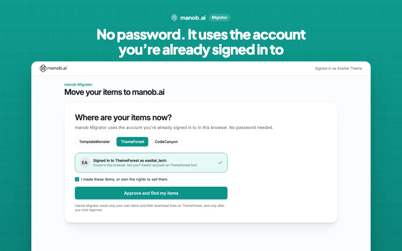 manob Migrator's connect step: ThemeForest selected and the signed-in ThemeForest account found in the browser